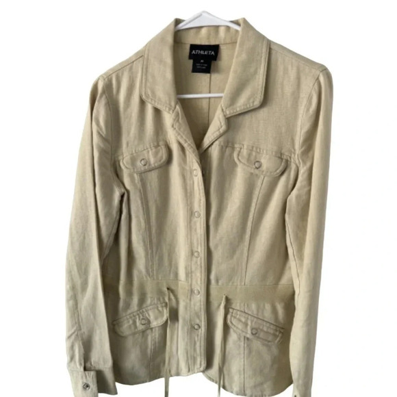 Athleta Linen Utility Jacket, Tan Color, Size Medium, Ties at Waist - Picture 1 of 6